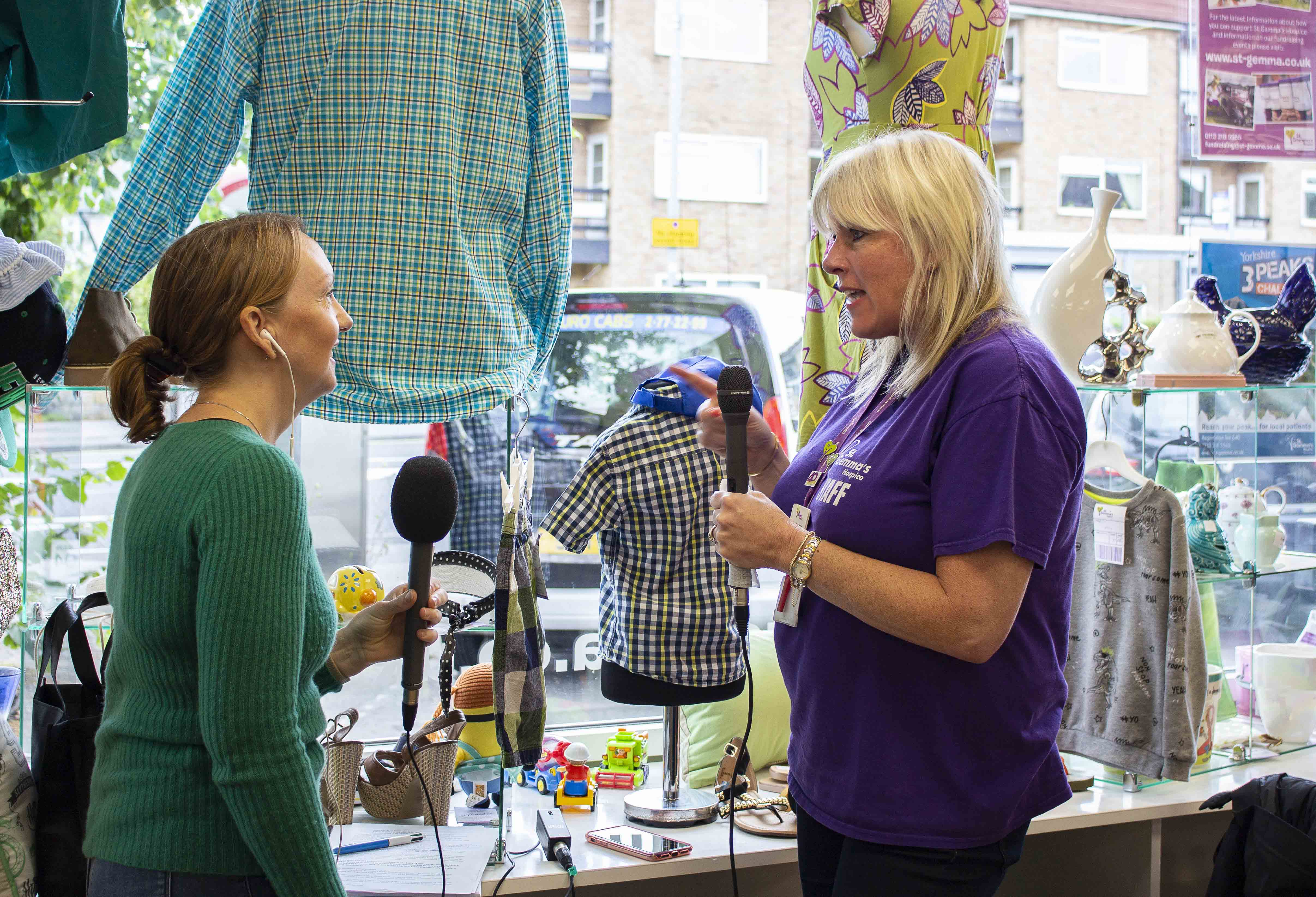 Interview for Radio 4 taking place in Moortown charity shop