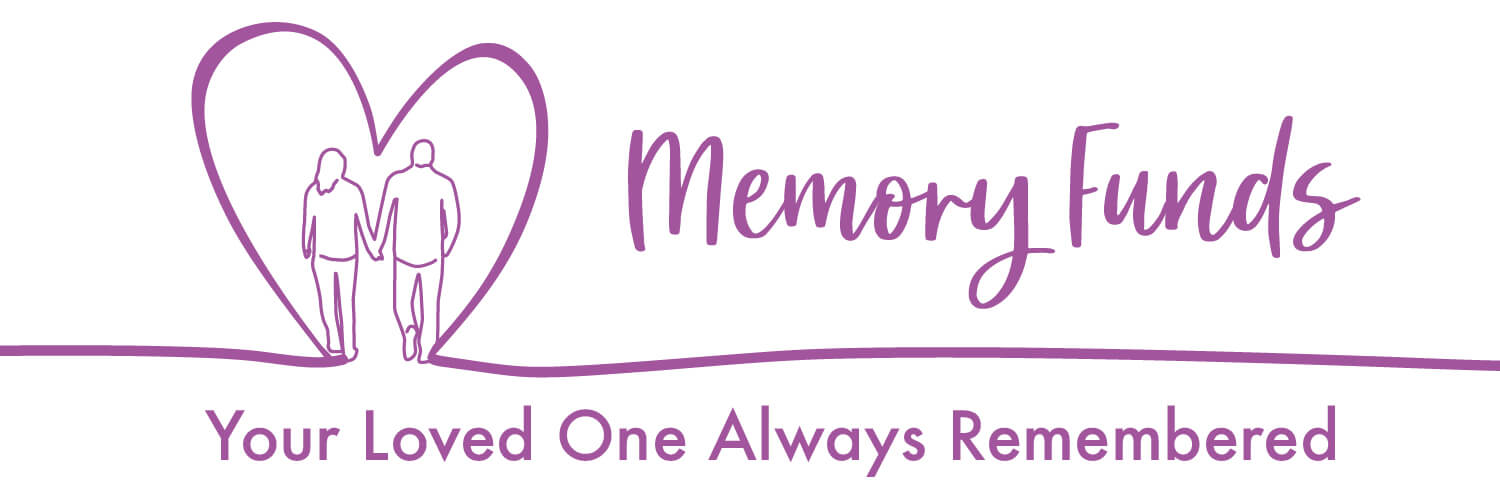 Outline of a purple heart surrounding a drawn outline of a couple with the text: "Memory funds, your loved one always remembered'.