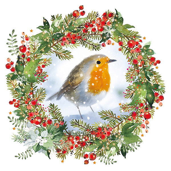 Illustration. A red and green wreath with a robin in the centre. Snow is falling in front of the robin.