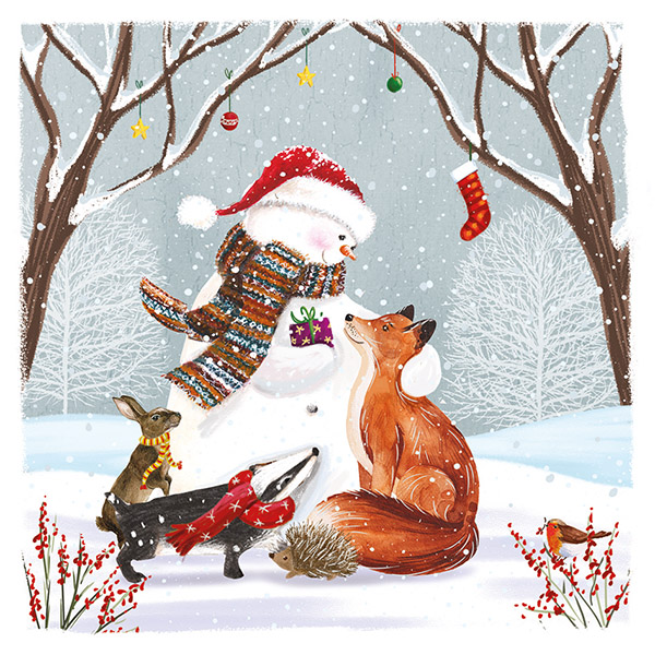 Illustration. A snowy scene with a snowman, fox, hare, badger, hedgehog and robin. Small decorations are hanging from snowy branches in the background.