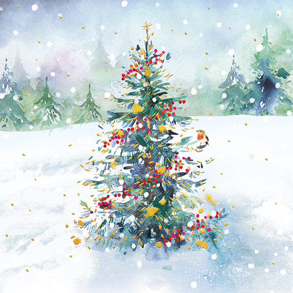 Illustration of a tree in a snowy field. The tree has red and gold decorations. A robin is perched on one branch. Snow is falling and a forest can be seen in the background.