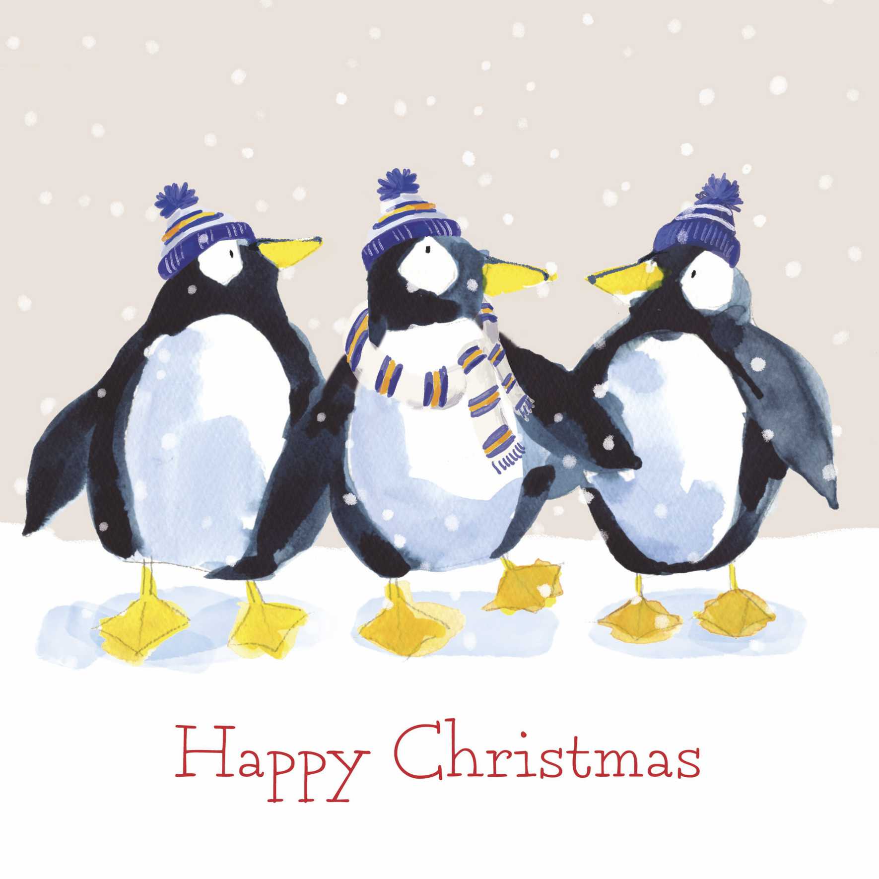 Illustration of three penguins wearing blue, yellow and white striped hats. The middle penguin is wearing a striped scarf. Red text at the bottom reads Happy Christmas.