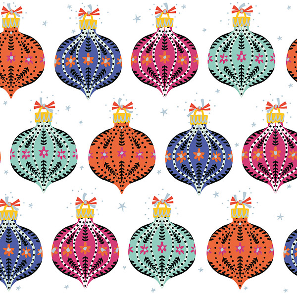 3 rows of colourful patterned baubles with gold tops