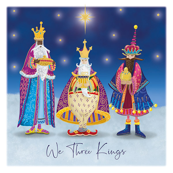 Illustration. Three kings wearing colourful clothes are holding gold pots. The background is dark blue with brightly shining gold stars.