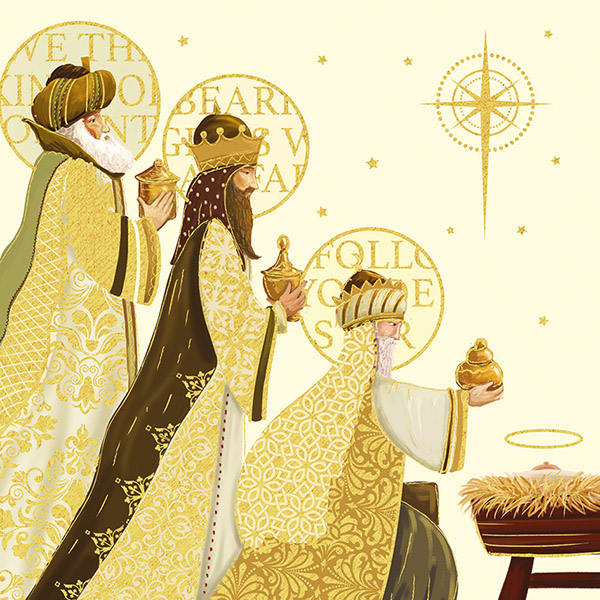 Illustration in gold tones of three kings, each holding a gold pot. They are holding the pots out in front of them towards a manger, where the top of a baby's head with a halo can be seen.