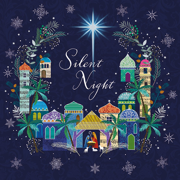 A dark blue background with an illustration of colourful minarets forming an arc. At the top centre of the arc is a shining star. At the bottom centre is a nativity scene with manger. Silver text reads Silent Night.