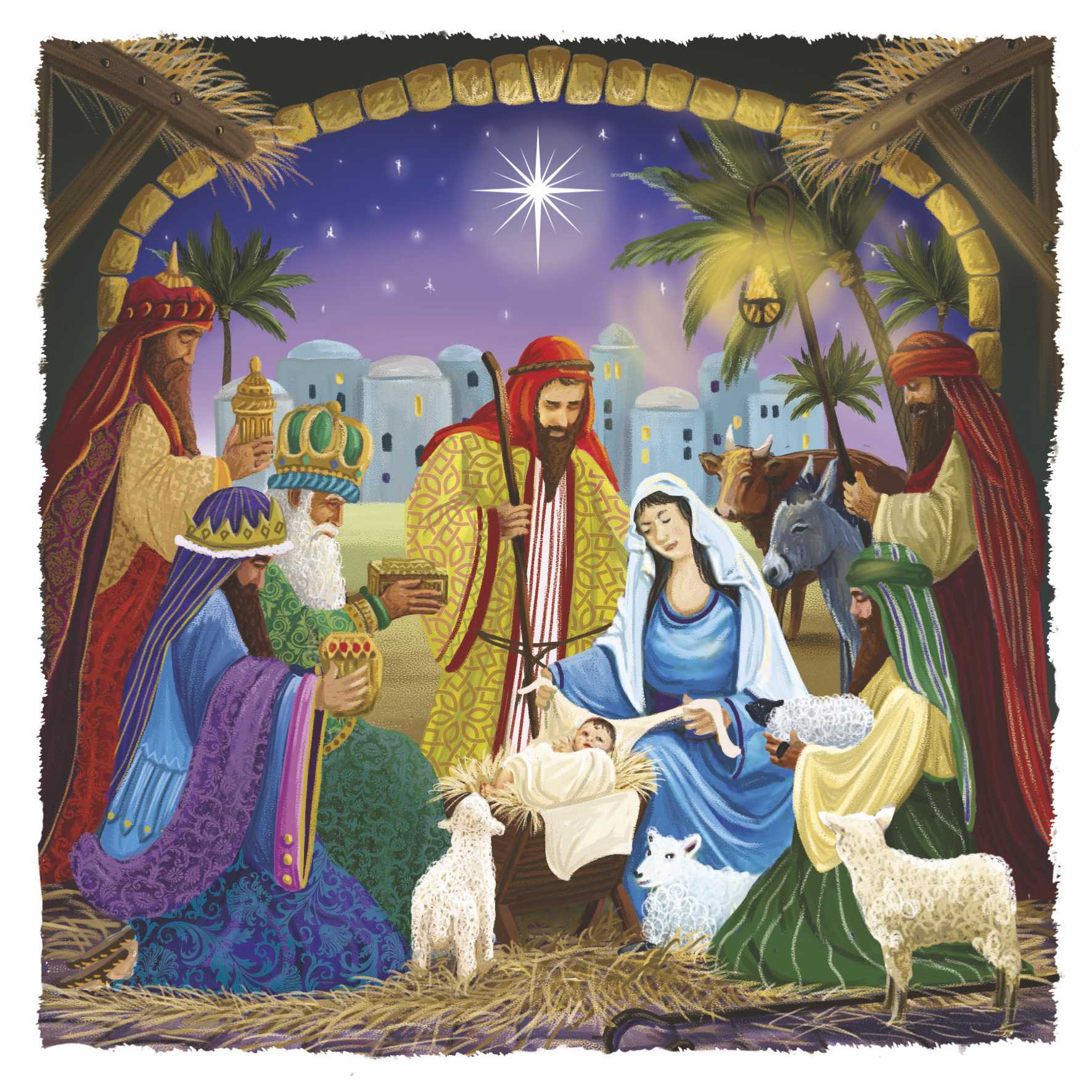 Illustration of a colourful nativity scene.
