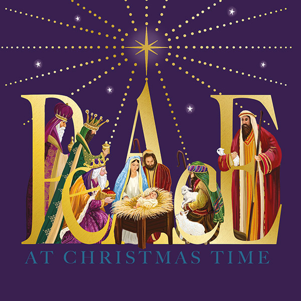 Illustration. A deep purple background with large gold letters spelling Peace with smaller blue text underneath reading At Christmas Time. A nativity scene is set within the large gold letters.