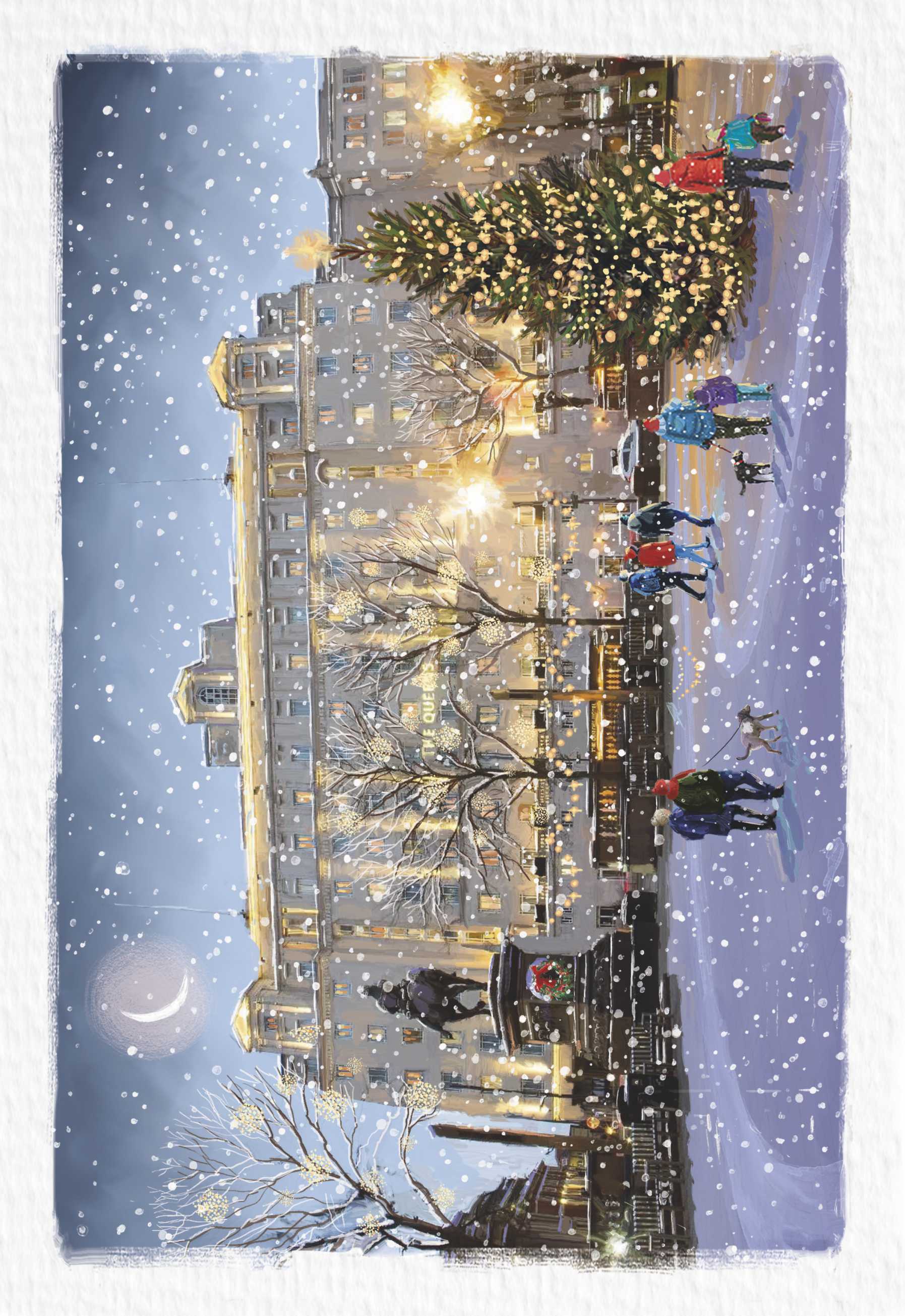 Illustration of The Queens Hotel at twilight. The street lights and moon are glowing, there is snow on the ground. Small groups of people are walking, some with dogs or children, and there is a lit up Christmas tree in the foreground.