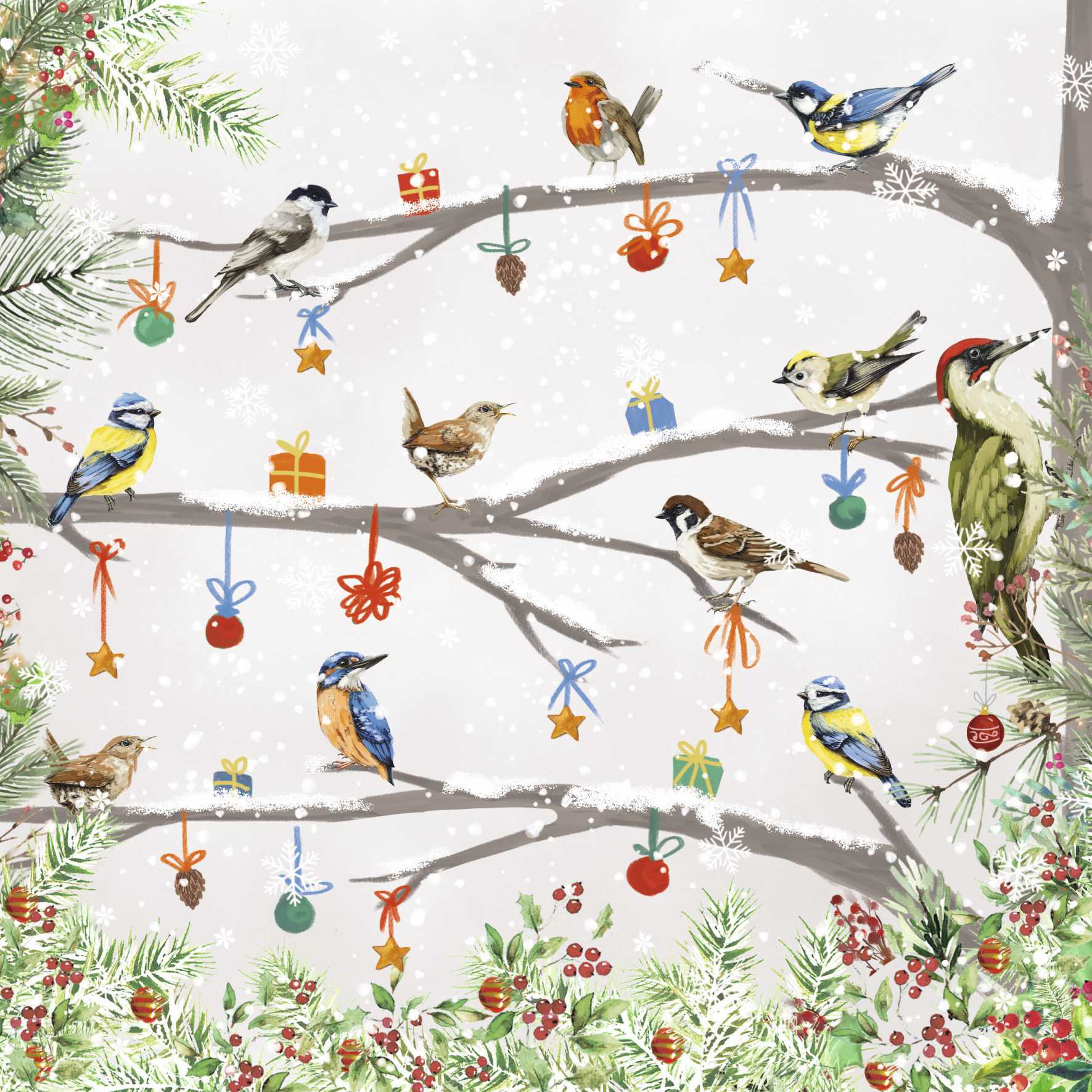 Illustration. A pale background with snow falling. Three snow covered branches fill the scene with birds, baubles and small presents on. Leaves and berries appear around three of the edges.