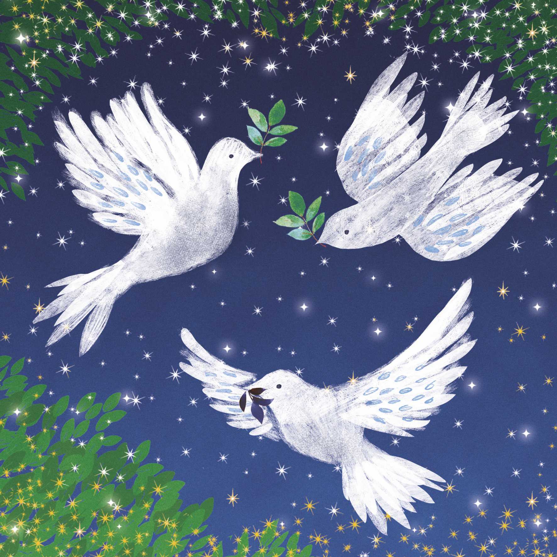 Illustration. A dark blue background with small stars. Three doves are flying with small olive branches in their beaks. Green leaves are around the edges.