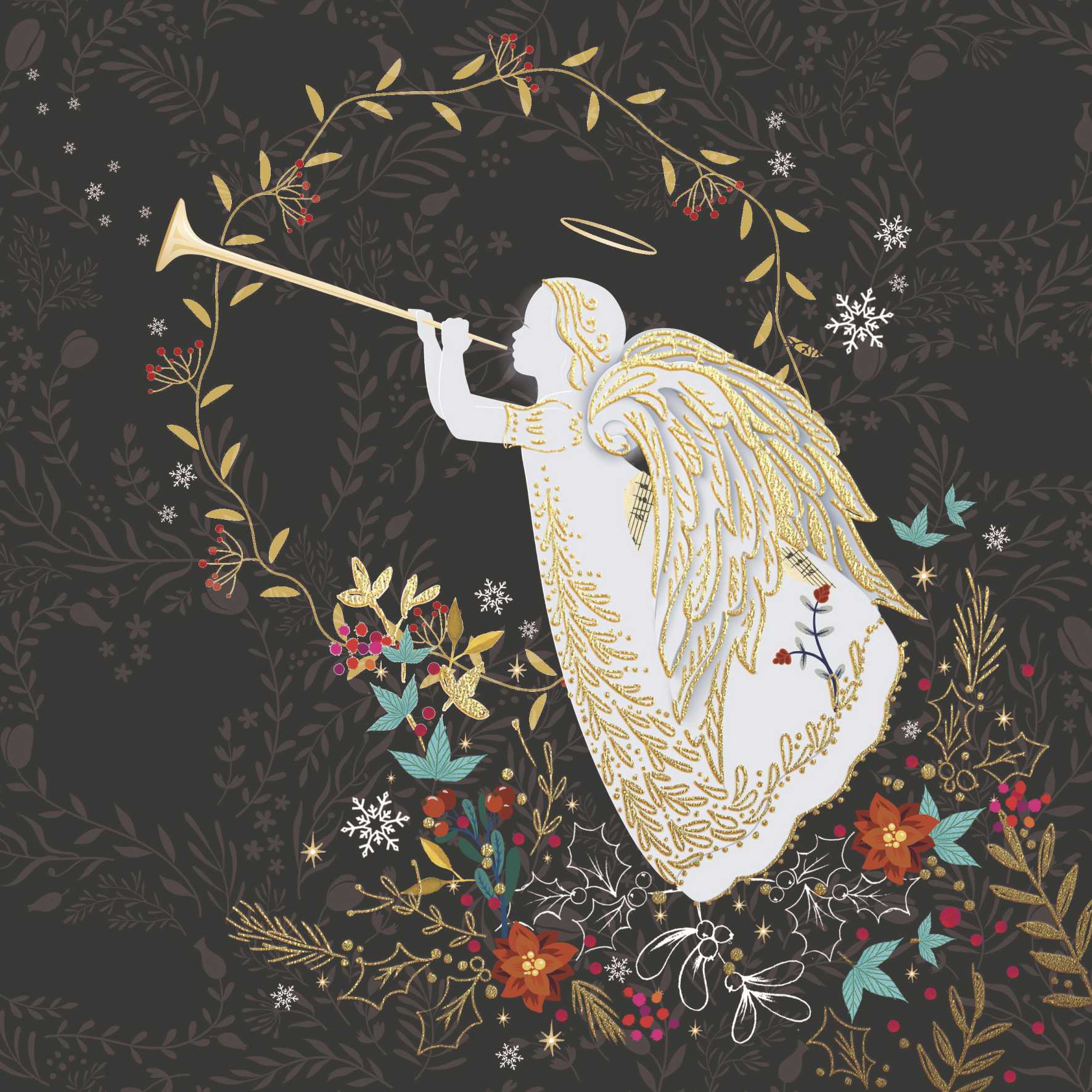 Illustration. A gold embossed angel with a large flute in front of a dark background. There are leaves and flowers surrounding the angel.